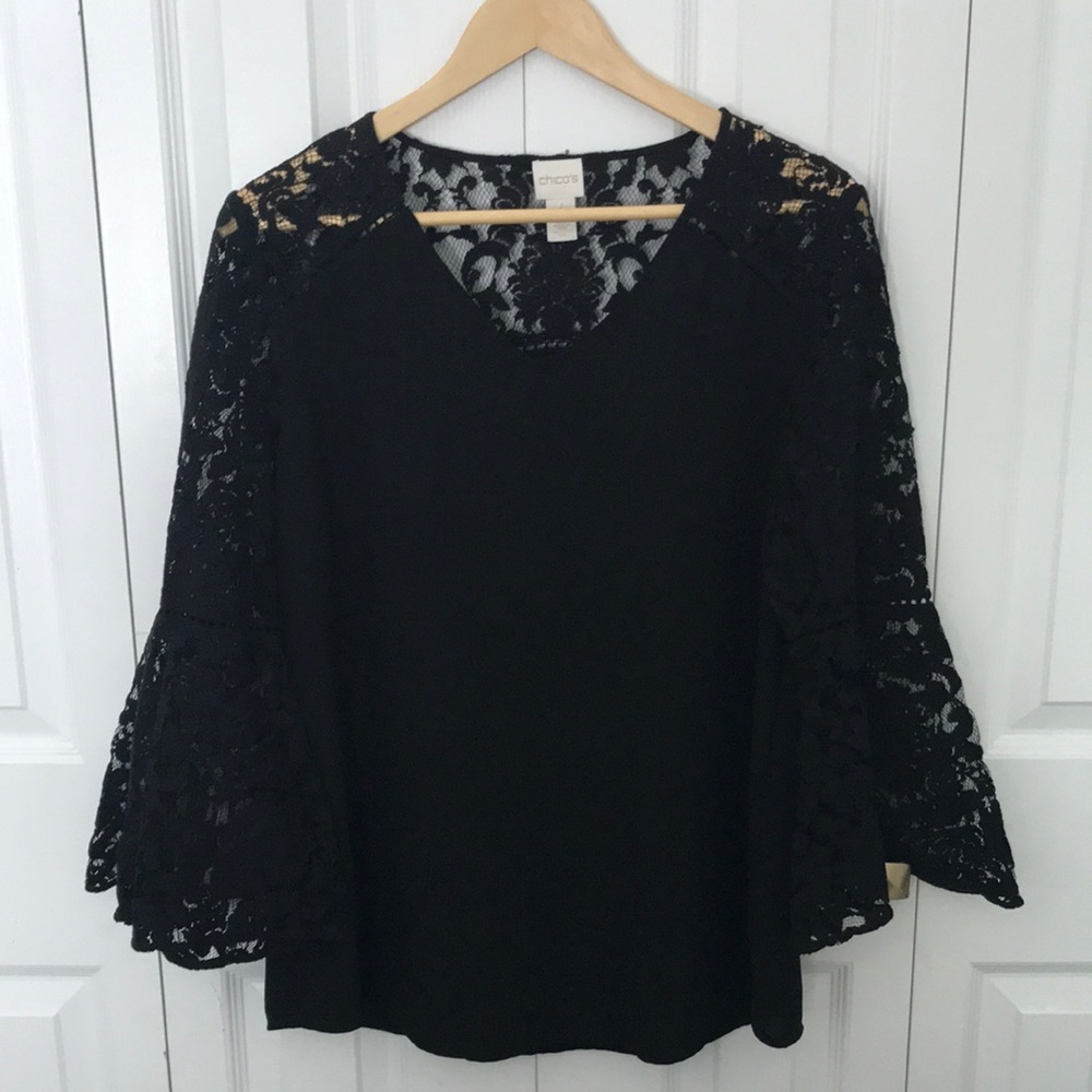 Chico’s Black Lace Combo Popover Blouse Bell Sleeve Sz 1